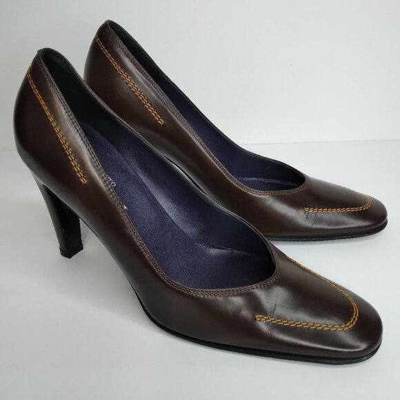 Sesto Meucci Brown Leather Stitching Details Pumps Heels Size 6B - Picture 1 of 14